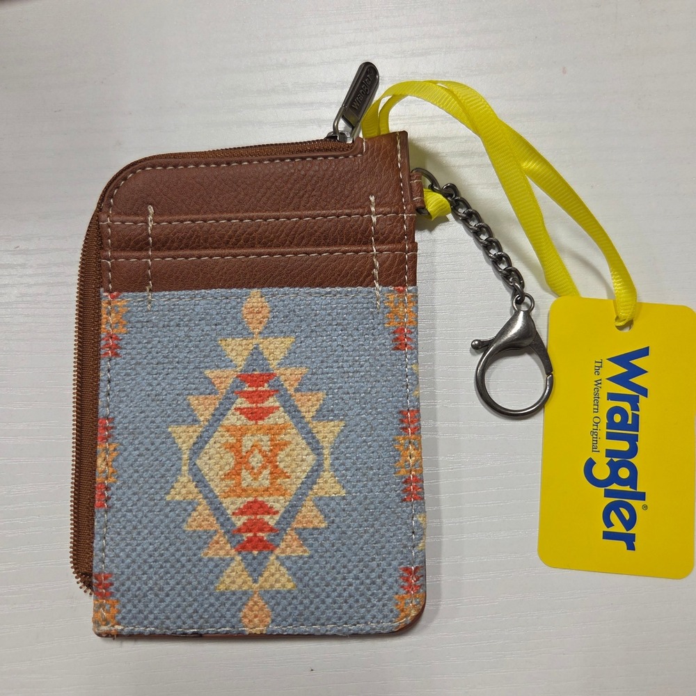 Wrangler Western Card Holder Wallet Brown Blue Aztec Southwestern Zip Keychain
